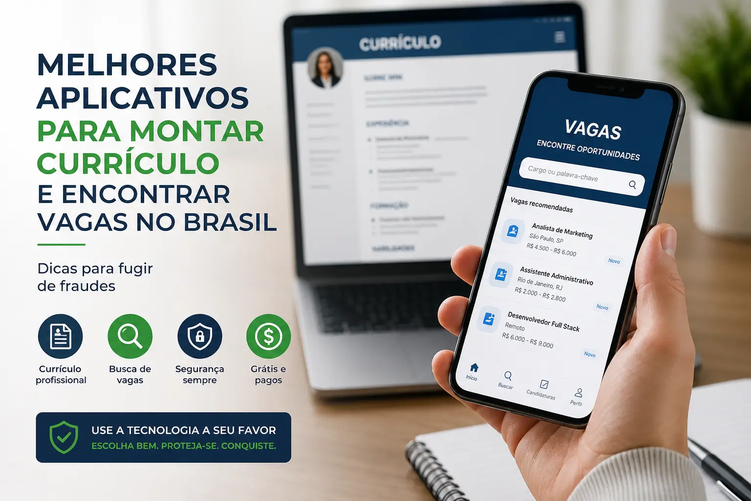Pessoa com celular mostrando 'VAGAS', ao fundo notebook com 'CURRÍCULO'.