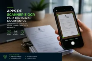 Pessoa usando app de OCR em smartphone para digitalizar documentos
