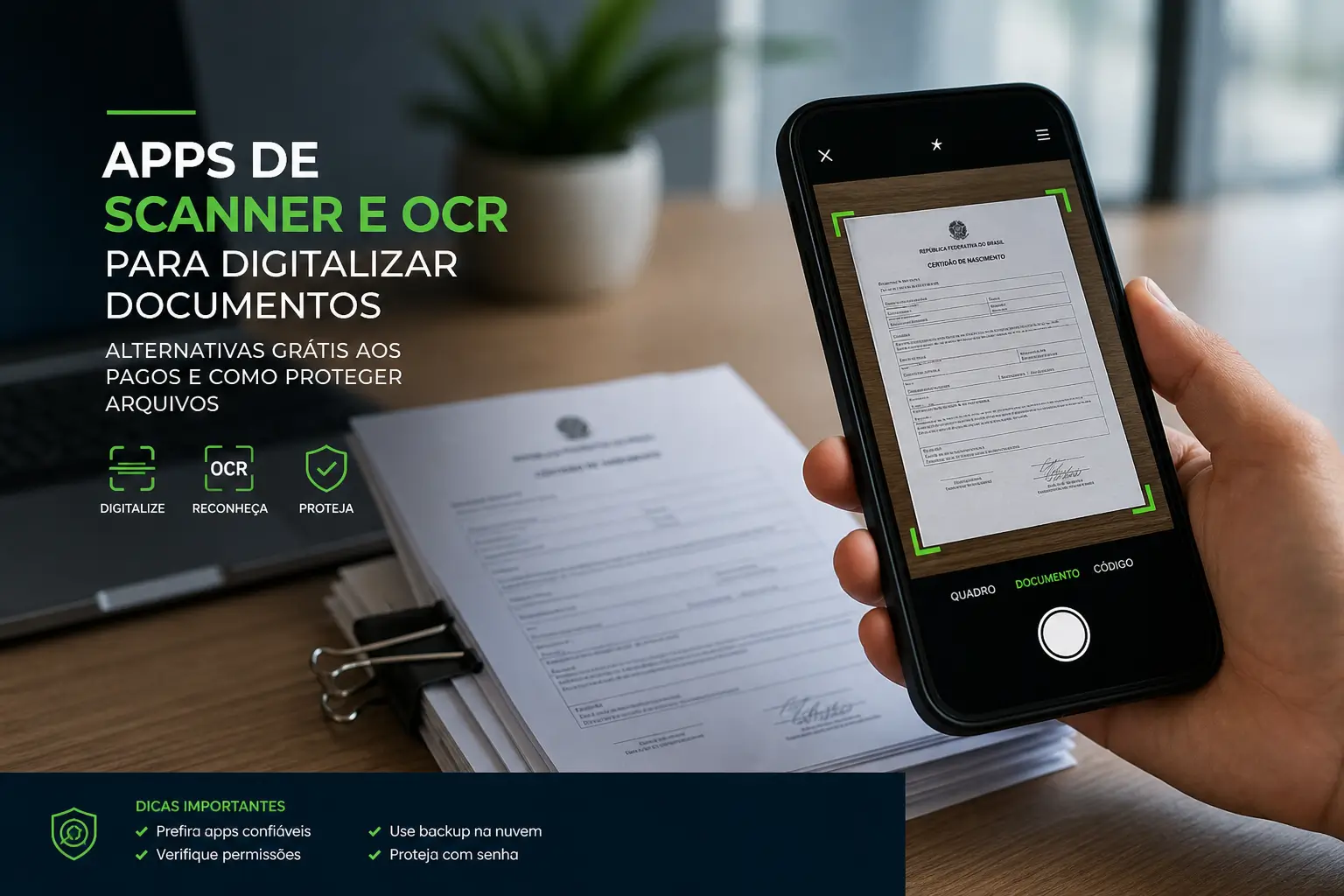 Pessoa usando app de OCR em smartphone para digitalizar documentos